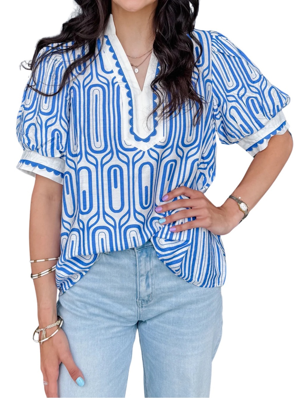 Entro Blue Geometric V-Neck Short Sleeve Top - NWT Small